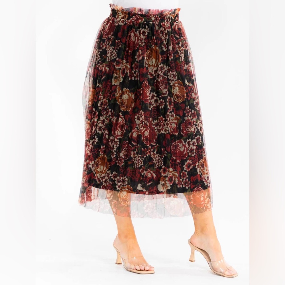 Floral Mesh Midi Skirt in Black and Burgundy